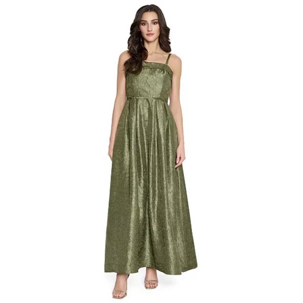 Tahari ASL Women's Sleeveless Ball Gown rich olive hue Size 14 Square Neck